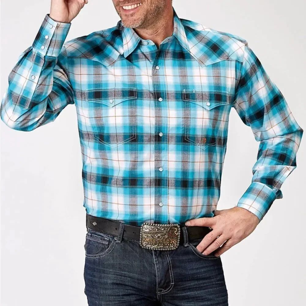 Roper Men's Blue and Turquoise Plaid Western Snap Button Rodeo Cowboy Shirt (XL)